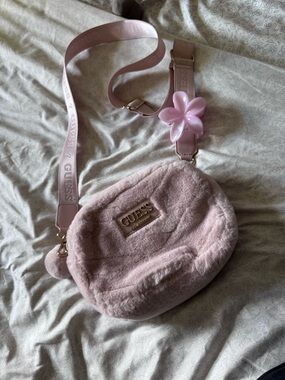 Guess Pink Plush Crossbody with Flower Strap Accent